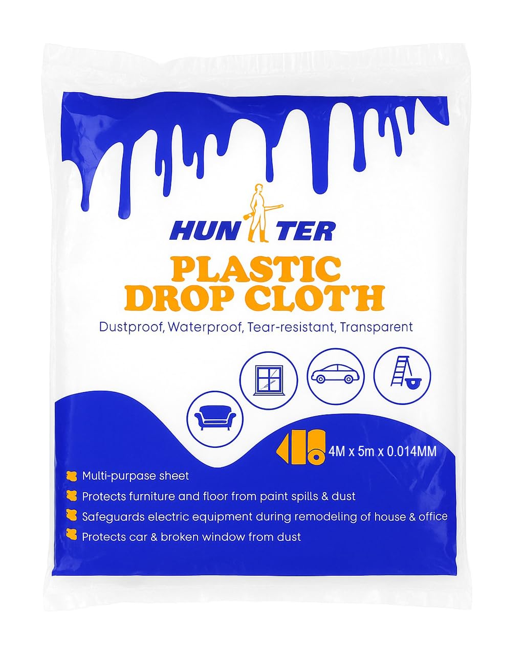 HUNTER Plastic Polythene Multi-Purpose Dust Sheet, Waterproof and Dustproof Plastic Tarp for Protection of Furniture, Automobiles, Floors, Carpet, Packaging etc. (200G x 5mtrs)