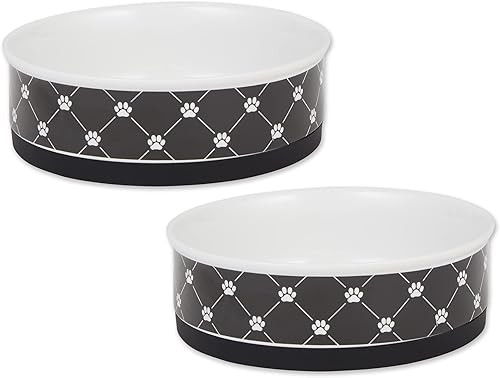 Bone Dry Trellis Paw Print - Juego de cuencos para mascotas aptos para microondas y lavavajillas, parte inferior de silicona antideslizante para