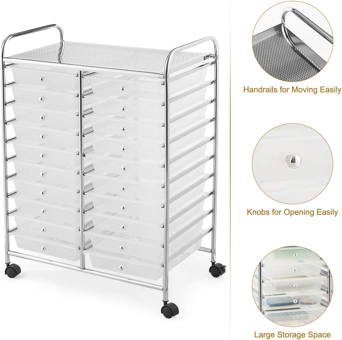 Clear 20-Drawer Rolling Organizer Cart with Chrome Frame