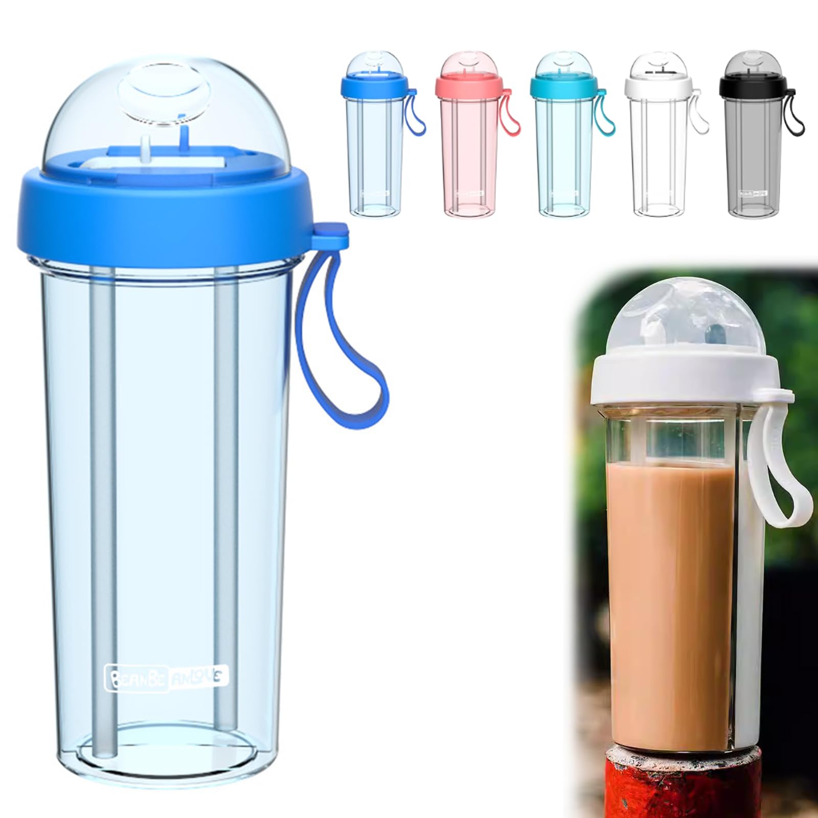Creative Water Cup Split Cups for Drinks 2 Different Drinks in One Cup, 2 Straws Couple Outdoor 600ml Drinking Cup Camping Hiking Backpacking Travel Office Sports Water Cup (blue)