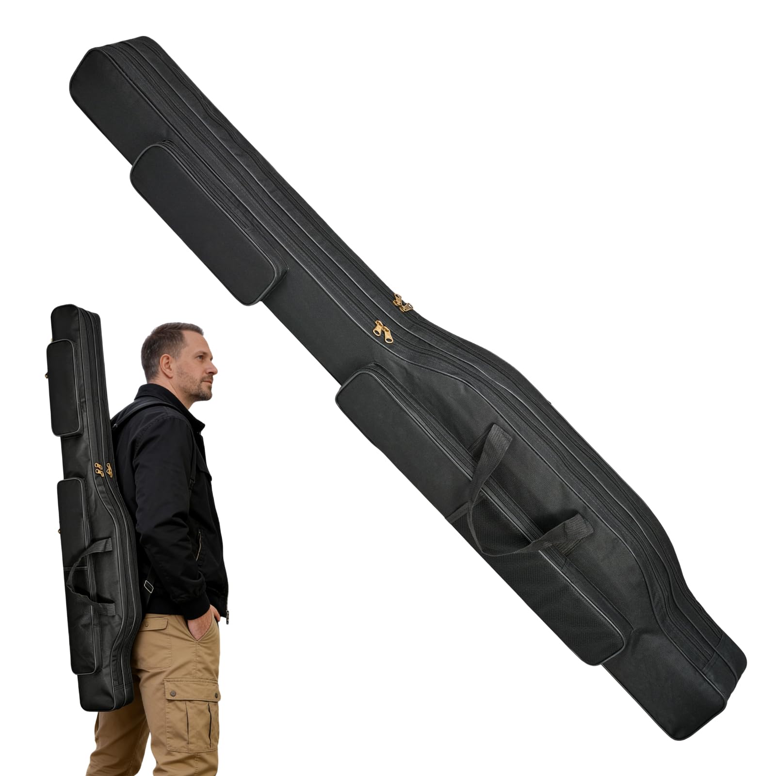Sac de pêche 150 cm, sac pliable pour canne à pêche, 3 couches, sac de rangement, accessoires de pêche, pour cannes à pêche, épuisette et porte-canne, noir