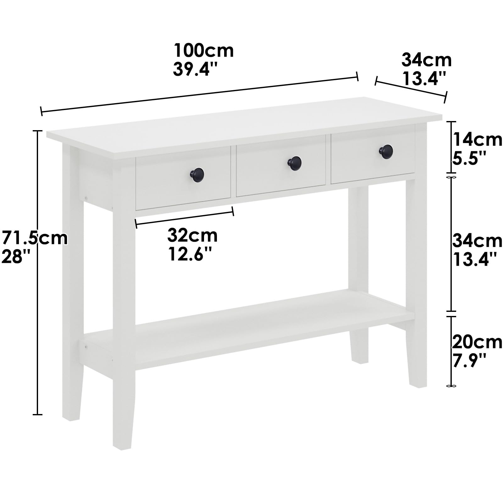 SogesHome Kosole - Mesa auxiliar clásica para pasillo, color blanco con cajones y estante abierto para almacenamiento