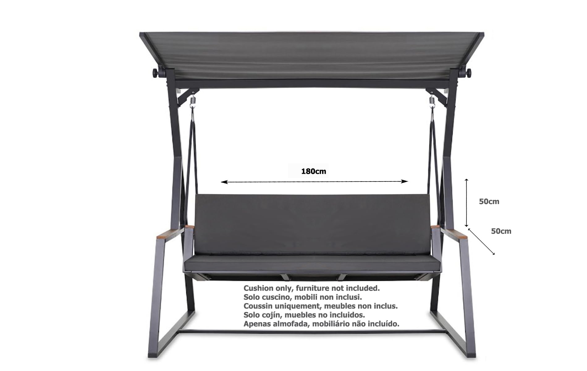 Cuscino per dondolo Hollywood, spessore 7 cm, imbottitura per seduta e schiena, rivestimento rimovibile, reversibile, set di cuscini da giardino (antracite, 180 x 50 x 50 cm)