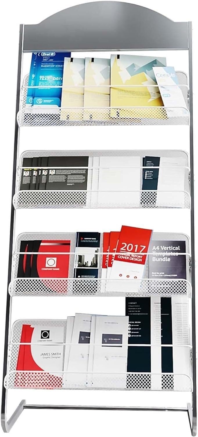 JKJZSALJ Floor Standing Magazine Rack Magazine Rack Floor Standing Magazine Brochure Holder 4 Tier Leaflets Storage Stands For School Libraries Silver Multi-Purpose Display Rack