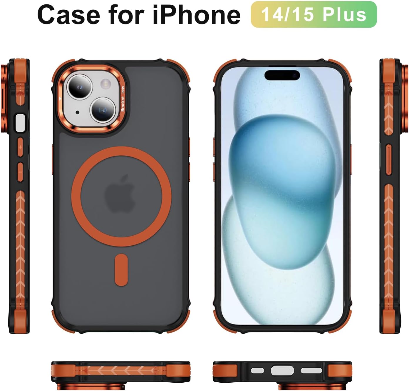 i Phone 14 Plus Case, for iPhone 15 Plus Case, Compatible with MagSafe Wireless Charging, Heavy Duty, Shockproof, Adjustable Kickstand, Slim Matte Anti-Fingerprint Orange. - Image 2