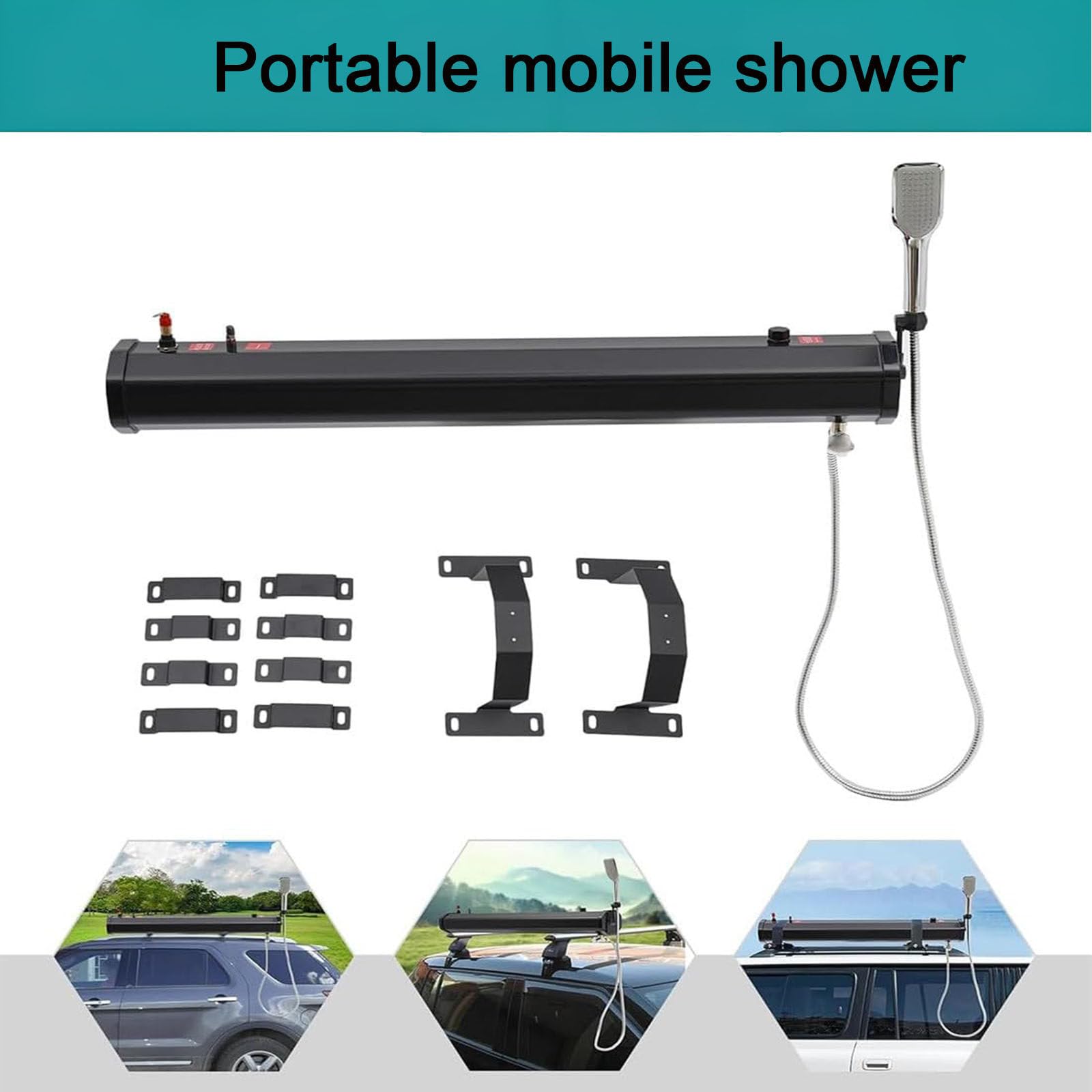 Depósito de agua presurizado portátil para duchas de camping y lavado de vehículos, compatible con uso terrestre y fuera de la red con manguera y boquilla