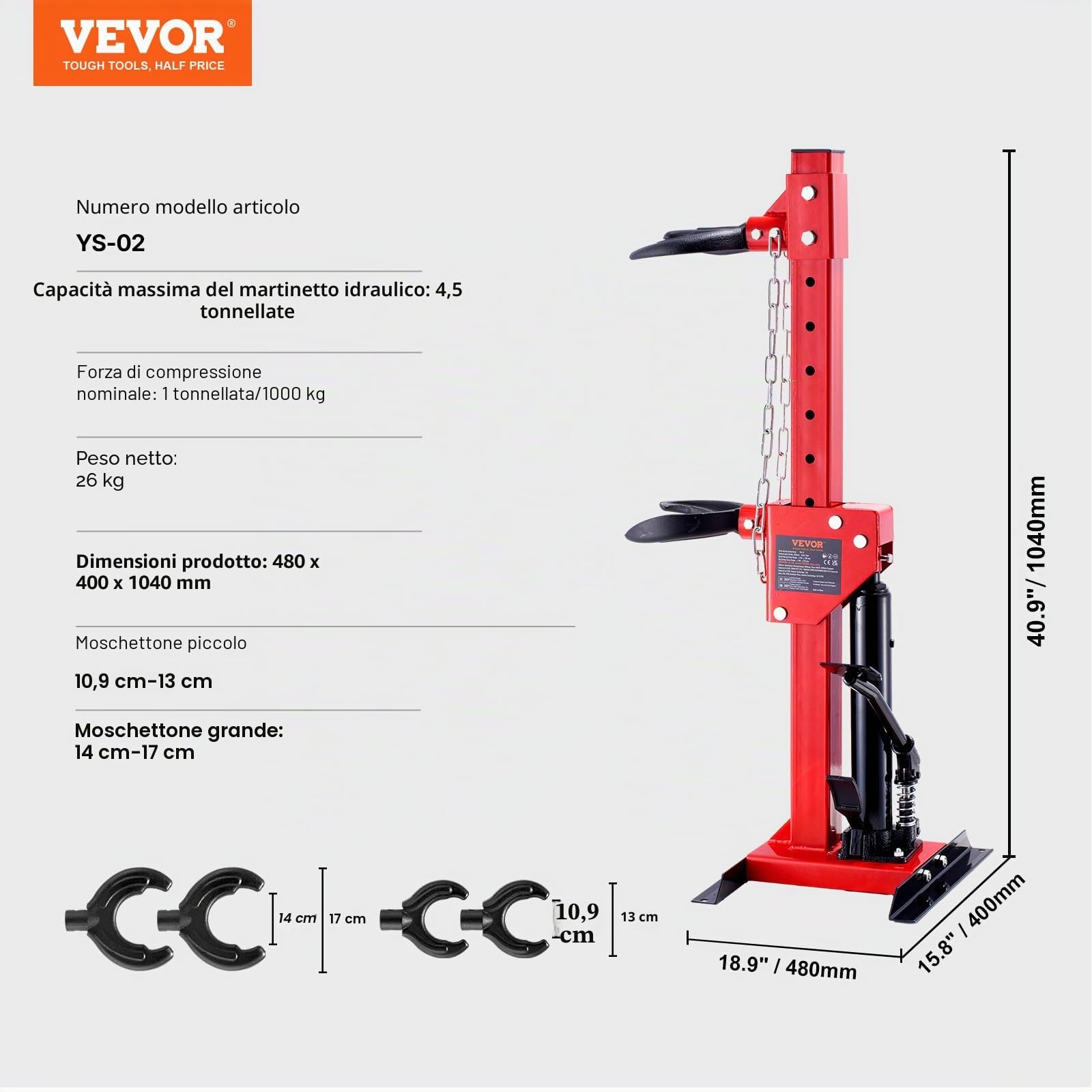 VEVOR Kit Compressore a Molla Ammortizzatore Idraulico per Auto Corsa da 320mm, Kit di Strumenti Compressore a Molla Cilindro Idraulico 4,5T con Pedale per Rimozione Molle di Sospensione per Auto SUV