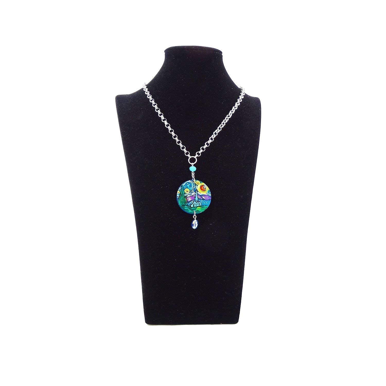 Collar con colgante pintado a mano – La noche estrellada, cuadro famoso – Collar con colgante pintado a mano, medallón de madera pintado a mano, joya elegante en madera totalmente pintada