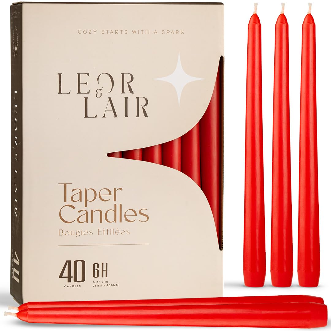Leor & Lair Red Taper Candles - 40 Pack Bulk Candlesticks - 10" Premium Red Candlesticks for Christmas, Weddings, Restaurants, Valentine’s, Events &