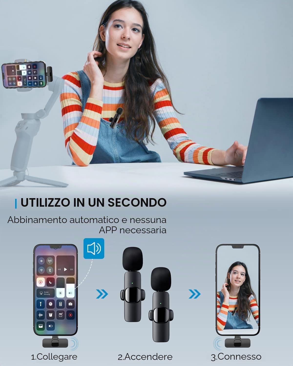 Microfono Lavalier Microfono per iOS/Android, Mini Microphone Plug & Play, Lavalier Microfono Wireless per YouTube/Facebook Live Stream, TikTok Vlog (non è necessaria alcuna app e Bluetooth)
