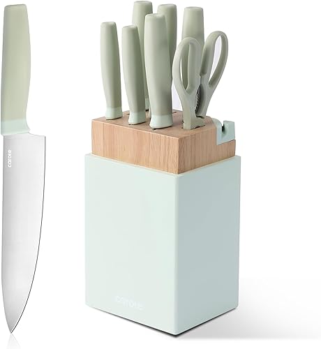 CAROTE Juego de 9 cuchillos de cocina con afilador, cuchillos aptos para lavavajillas, cubiertos forjados con cuchillas de acero inoxidable