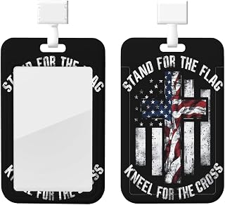 Stand for The Flag, Kneel for The Cross ID Badge Holder, Plastic Sliding Badge Holder with Clear Window and Lanyard for Work, Office, Hospital, Security Guard
