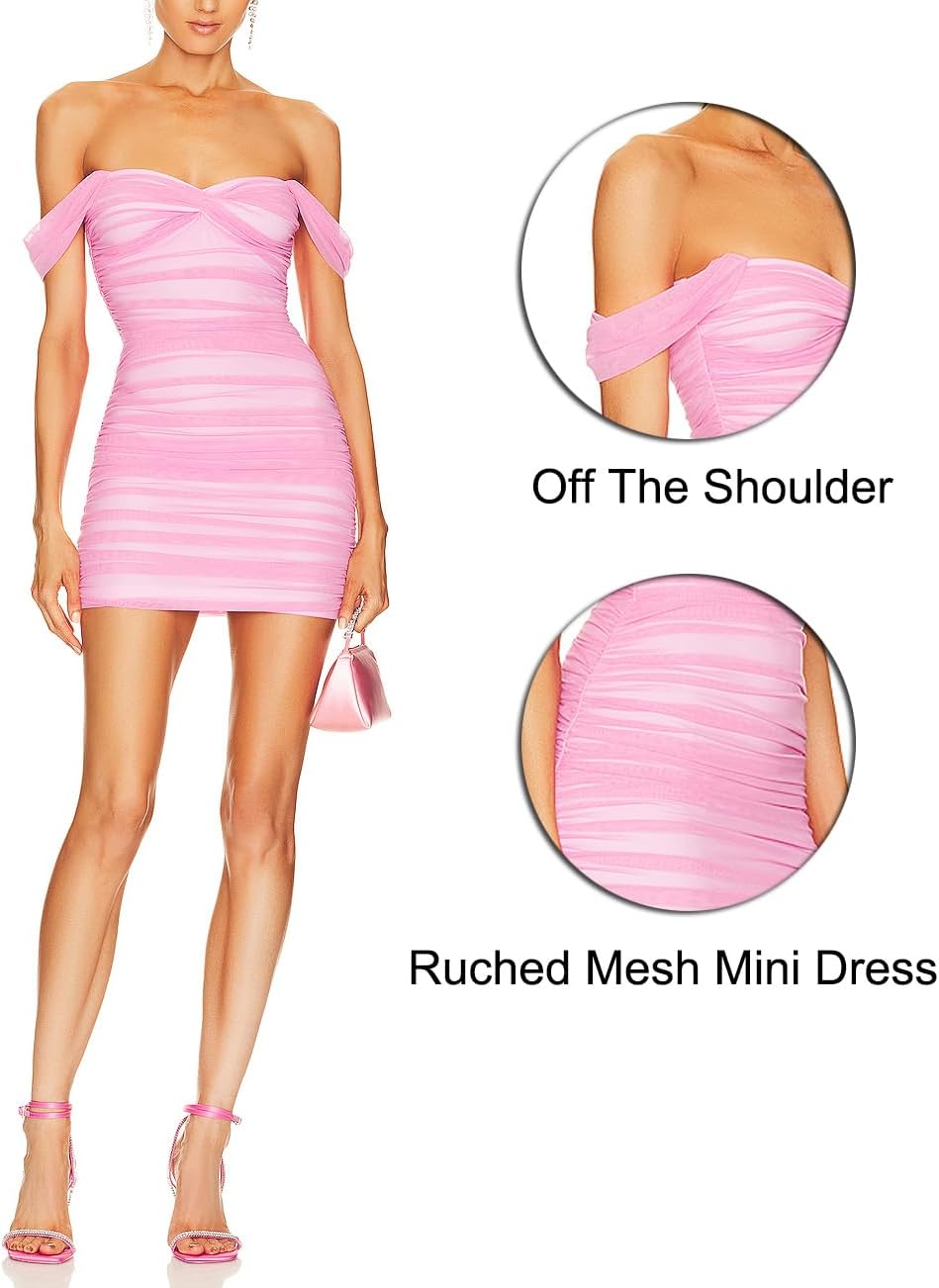 ALENDA DANMOS Women Off The Shoulder Ruched Mesh Mini Dress Graduation Prom Bodycon Mesh Cocktail Party Short Dress 361 - Image 4