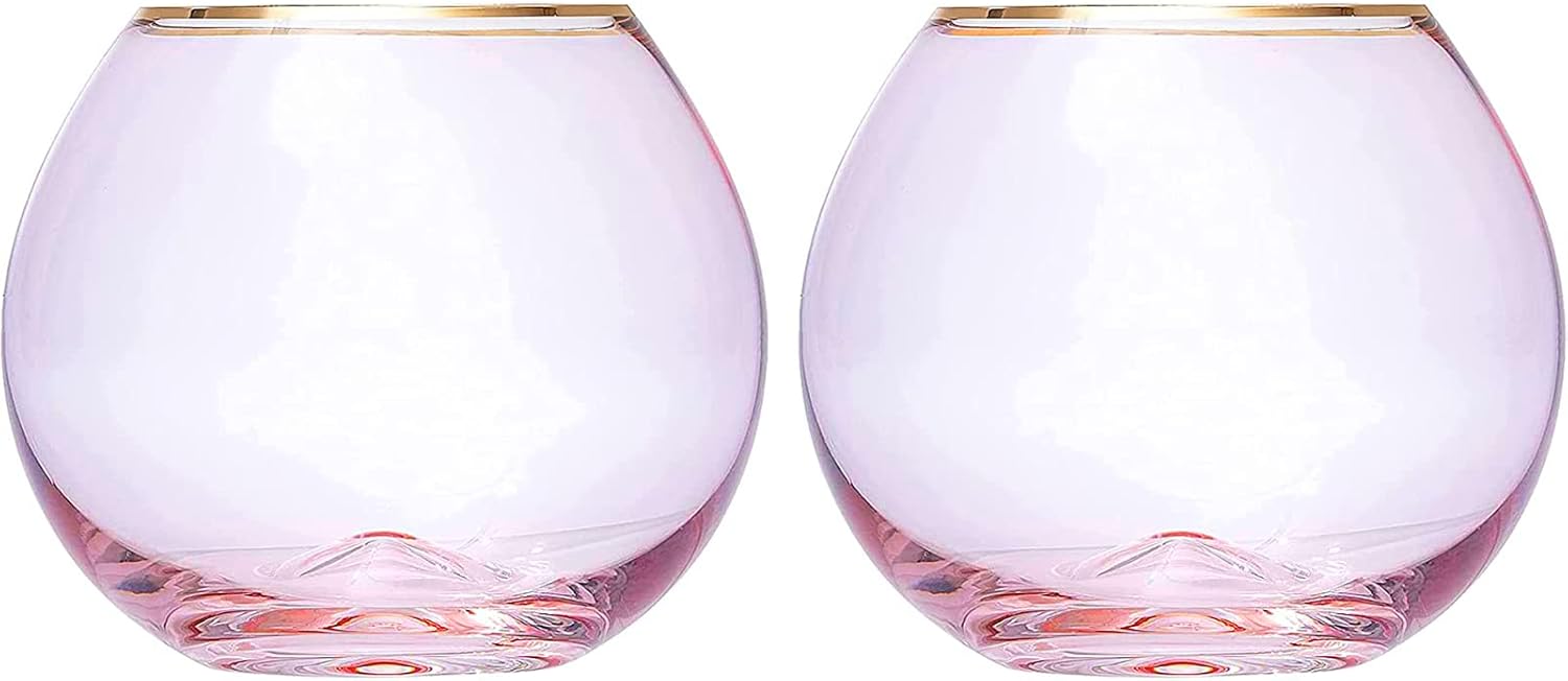 The Wine Savant Colored Blush Pink & Gilded Rim Wine Glass, Large 18oz Glasses 2-Set Vibrant Color Vintage Tumblers for White & Red, Water, No Stem Glasses, Gift Idea (Stemless Wine glasses)