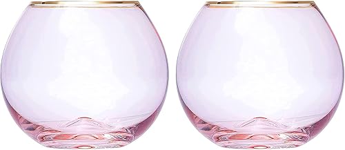 The Wine Savant Copas de vino de color rosa rubor y borde dorado, grandes de 18 onzas, juego de 2 vasos vintage de colores vibrantes para blanco y