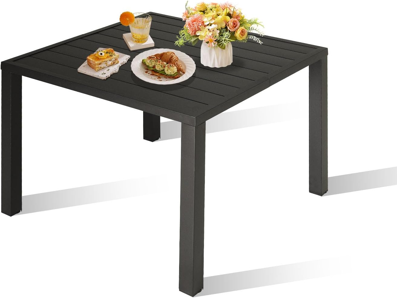 Domi Outdoor Dining Table for 4, Rectangular Metal Patio Table with Umbrella Hole for Deck Garden Lawn Backyard Use, Brown