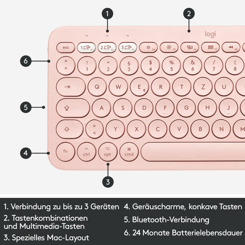 Logitech K380 for Mac Clavier Bluetooth QWERTZ Allemand Rose