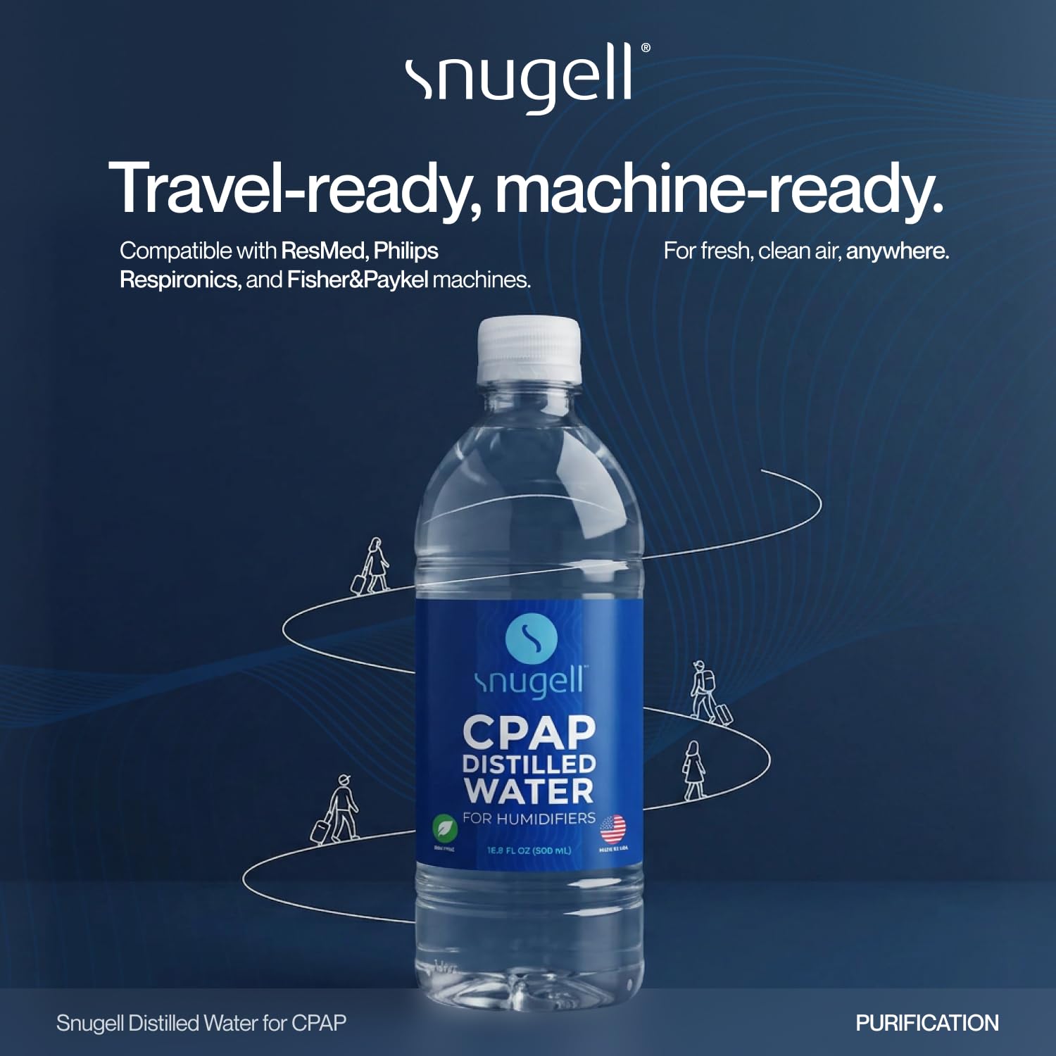 Snugell Agua destilada para humidificadores CPAP | Paquete de 12 botellas 16.9 oz H20 | Apto para viajes | 16.9oz H2O | Fabricado en Estados Unidos |