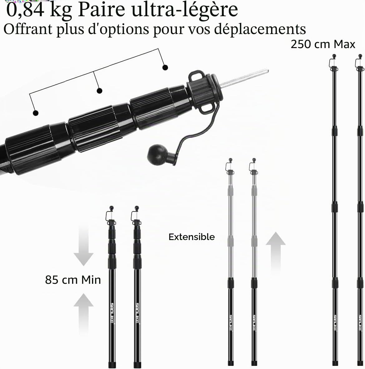 SAN LIKE Lot de 2 piquets de Tente télescopiques en Fibre de Verre - 250 cm - Léger - Réglables - pour auvent de Pluie