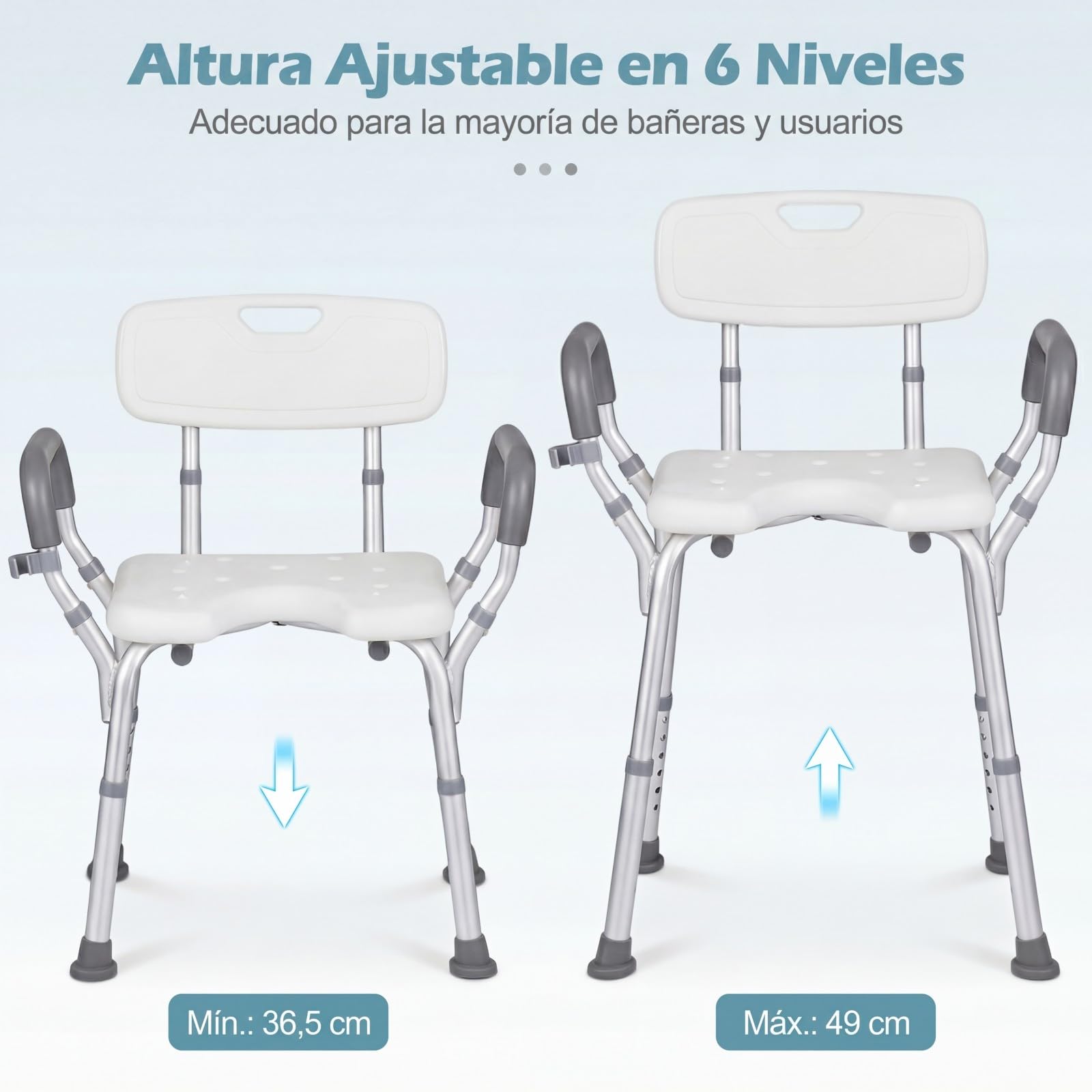 COSTWAY Silla para Ducha para Mayores, Silla de Baño con Altura Ajustable en 6 Niveles, Asiento Antideslizante, Respaldo Curvo y Apoyabrazos Acolchados, Taburete de Ducha con Marco de Aluminio