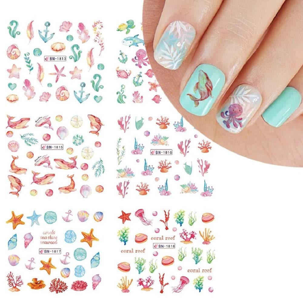 12pcs Ocean Animal Summer Nail Water Decalcomanie Starfish Coral Reef Seaweed Sticker Sea Life Nails Art Transfer Slider