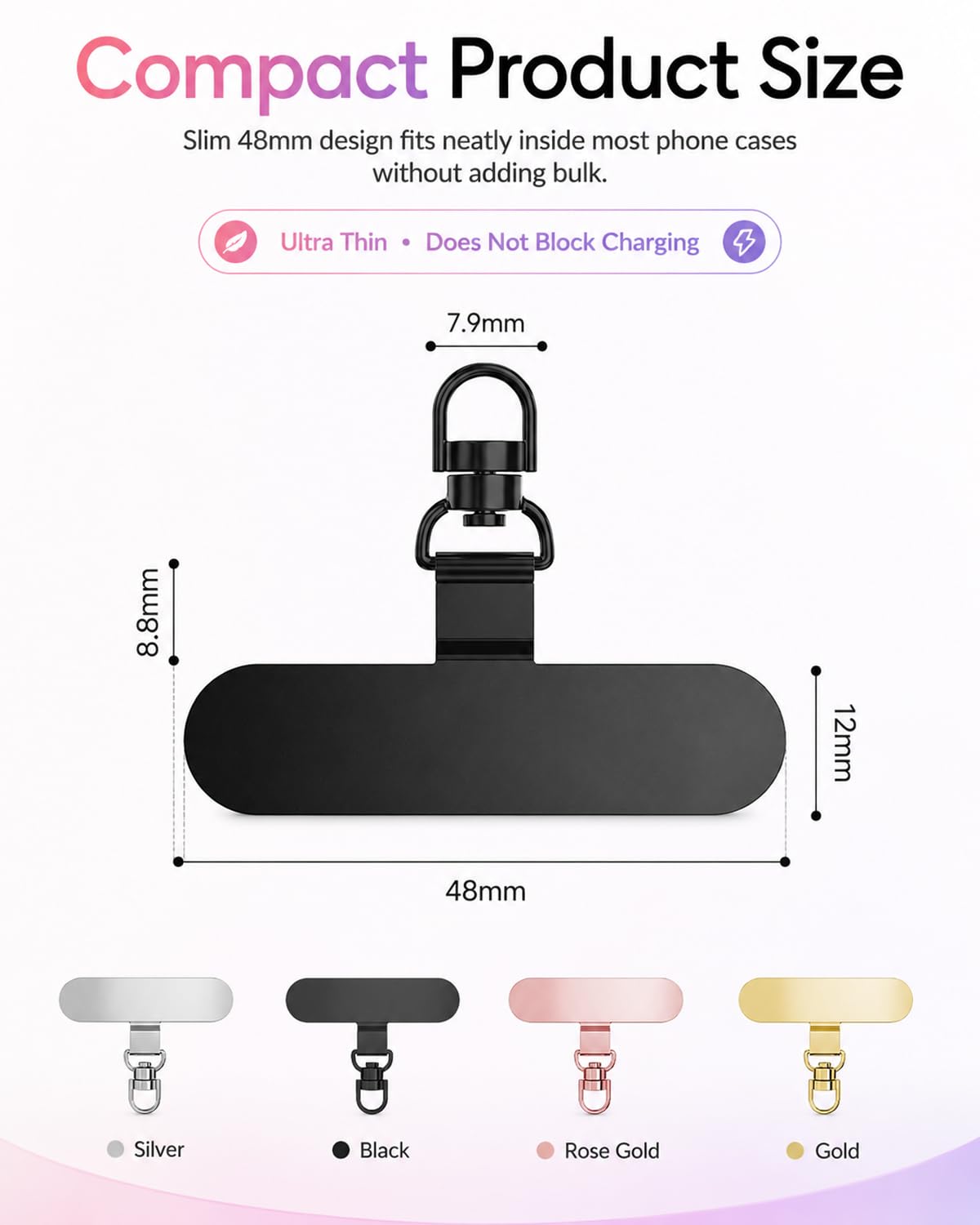 4 Pezzi Toppa Per Cordino Cellulare Rotante 360° – Ultra Sottile In Acciaio Inossidabile Per Cover (Nero, Argento, Oro, Oro Rosa) - 2