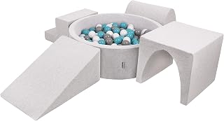 KiddyMoon Foam Playground For Kids With Round Ballpit (300 Balls) Obstacle Course, Lightgrey:Grey/White/Turquoise