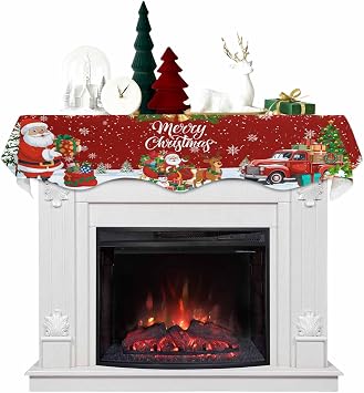 Red Christmas Mantel Scarf Fireplace Decorations for Living Room, Santa Snowflake Xmas Tree Winter Fireplace Mantel Scarf Cover Runner for Christmas Decor 60"x17"
