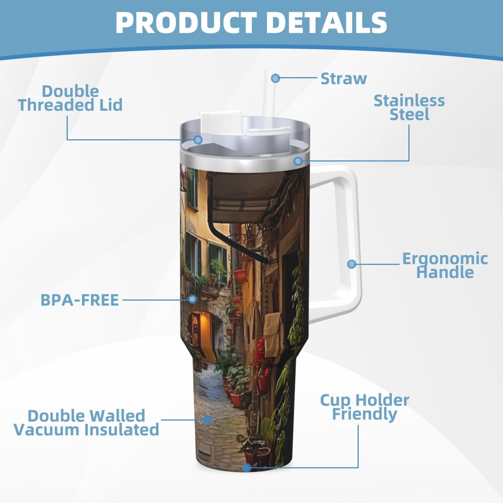 Italian Old Street Wasserflasche aus Edelstahl, doppelwandig, isoliert, mit Griff und Strohhalm-Deckel, 1,2 l