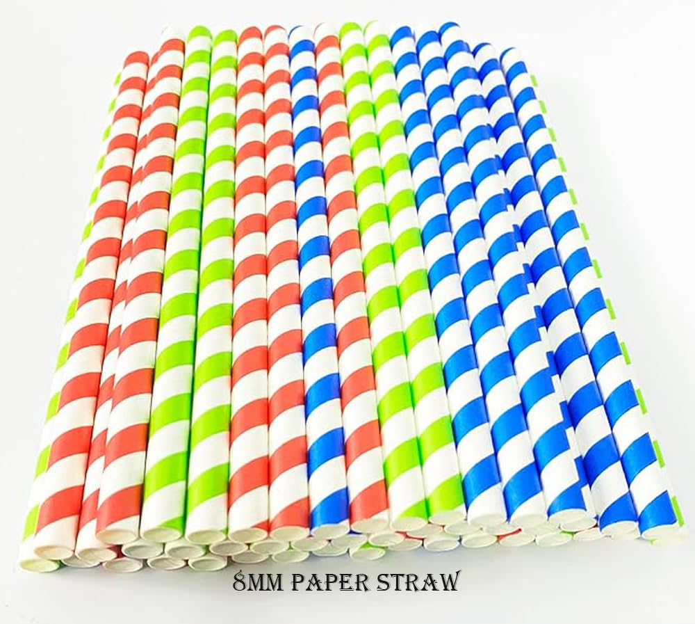 Pajitas de papel desechables, paquete de 100, pajitas duraderas (color multicolor, 8 mm)