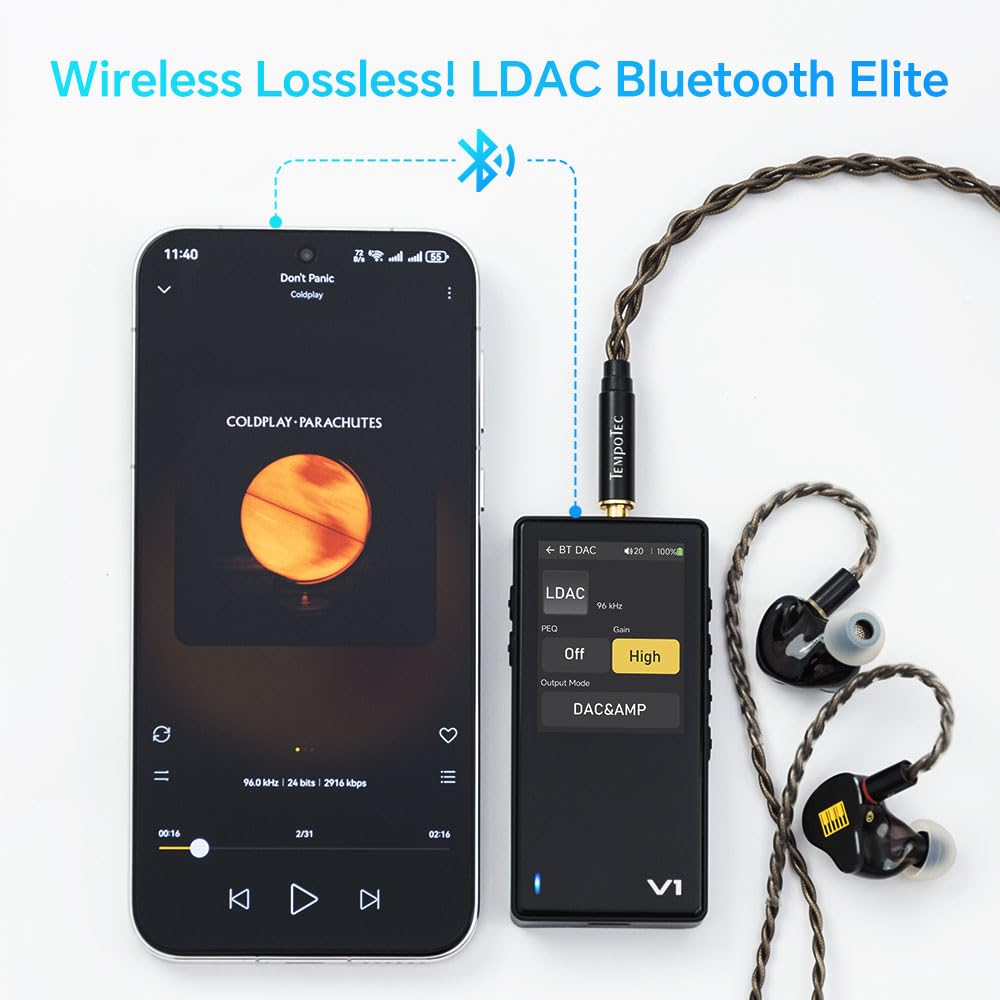 TempoTec Variations V1 - Reproductor de música portátil HiFi, reproductor de audio digital con Bluetooth bidireccional 5.1. Puertos de auriculares de 4.4 mm y 3.5 mm + tarjetas microSD (TF) de 64 GB +