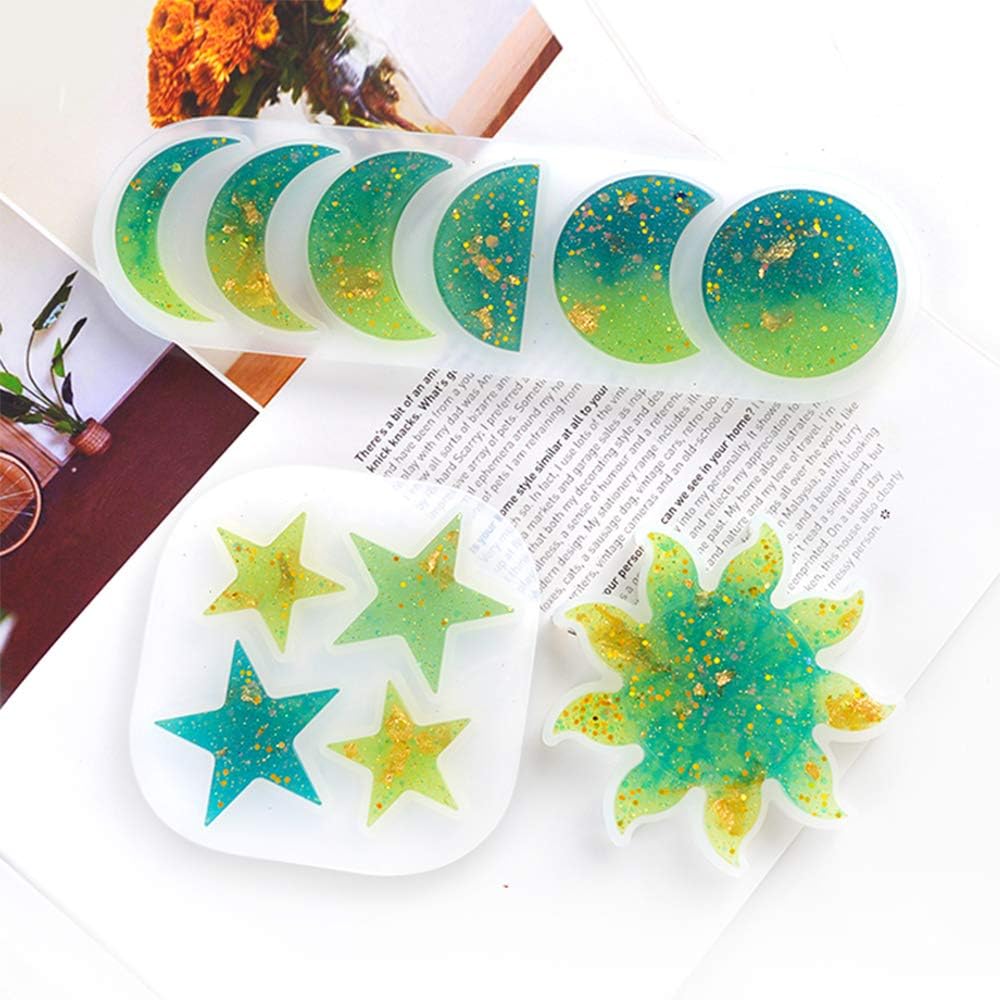 Resin Molds Photo Display, Epoxy Resin Molds, DIY Stars, Sun, Moon Phase Pendant Silicone Molds with Hanging Chains for Personalized Picture Frame, Wall Art Decoration Home Office College Room Dorm