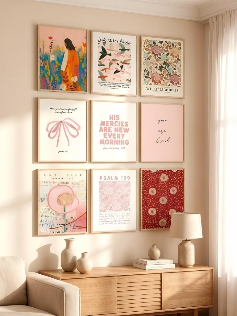 RYZopmuy Christian Wall Art Prints, Set of 9, Bible Verse Poster, Pink Floral, Unframed, 8x10 Inch living room, bedroom, bathroom Decor