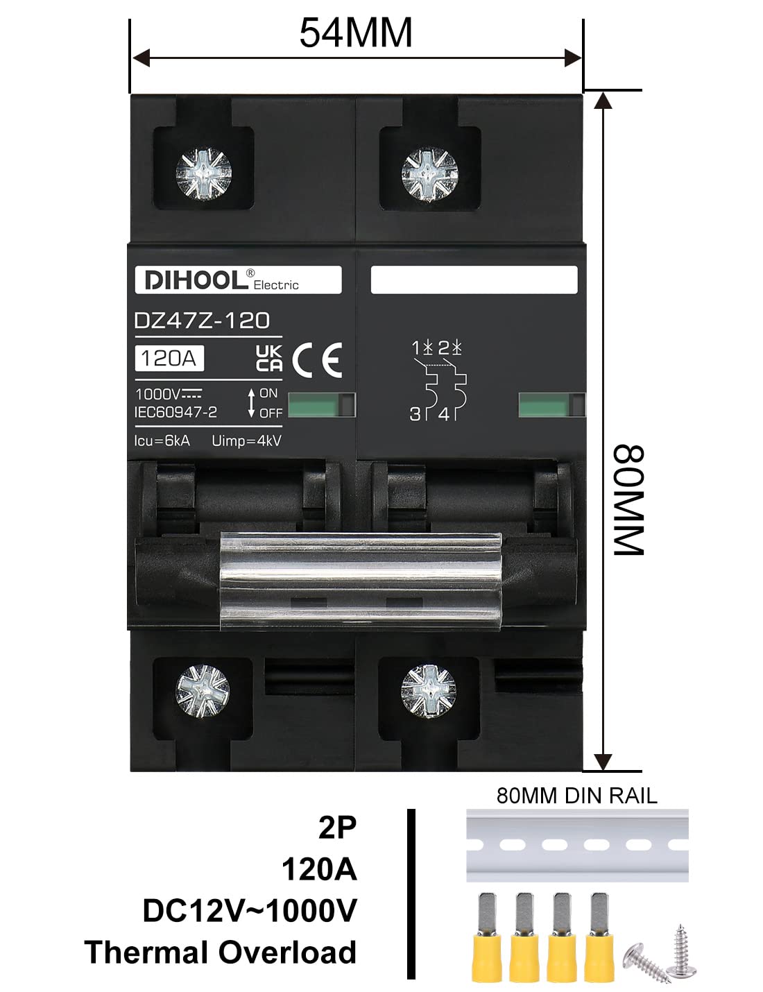 DIHOOL Wyłącznik 1000VDC Solar PV Bezpiecznik fotowoltaiczny automatyczny (DC1000V,2 Pole 125A)