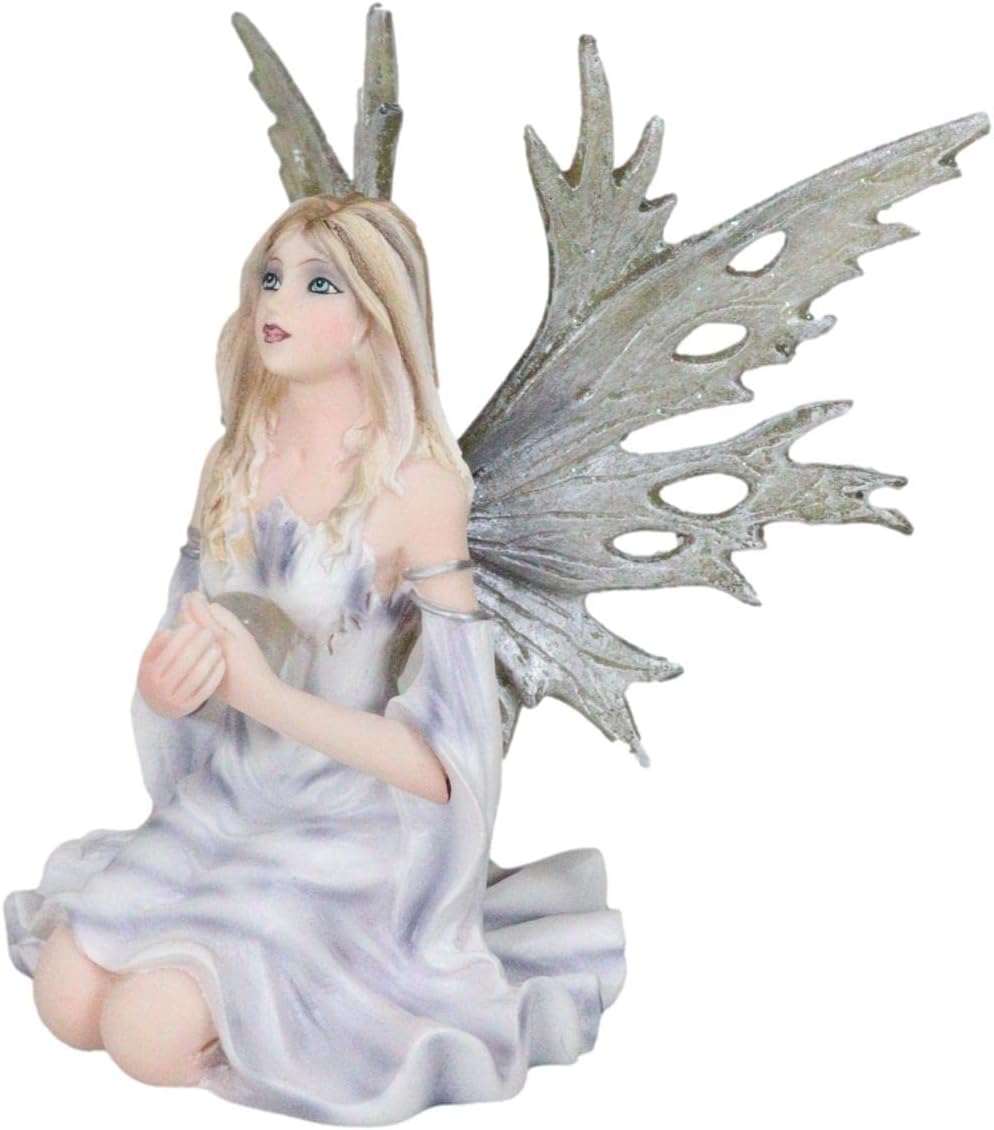 Ebros Gift Kneeling Frost Flake Icicle Oracle of The Stars Winter Frozen Fairy Holding Crystal Ball Figurine 4.5" Tall Fairy Garden Faerie Fantasy Sculpture