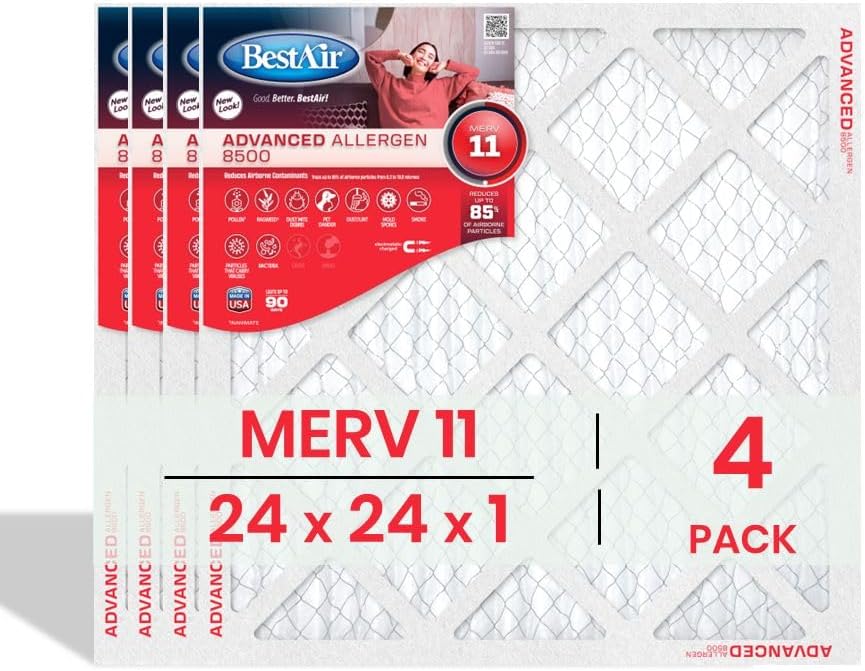 BestAir 24x24x1 Air Filter (4-Pack) | MERV 11 Advanced Allergen 8500 HVAC AC Furnace Filter | Replacement Air Filter for Residential & Commercial Use | Made in USA | Actual Size (23.75 x 23.75 x 0.75)