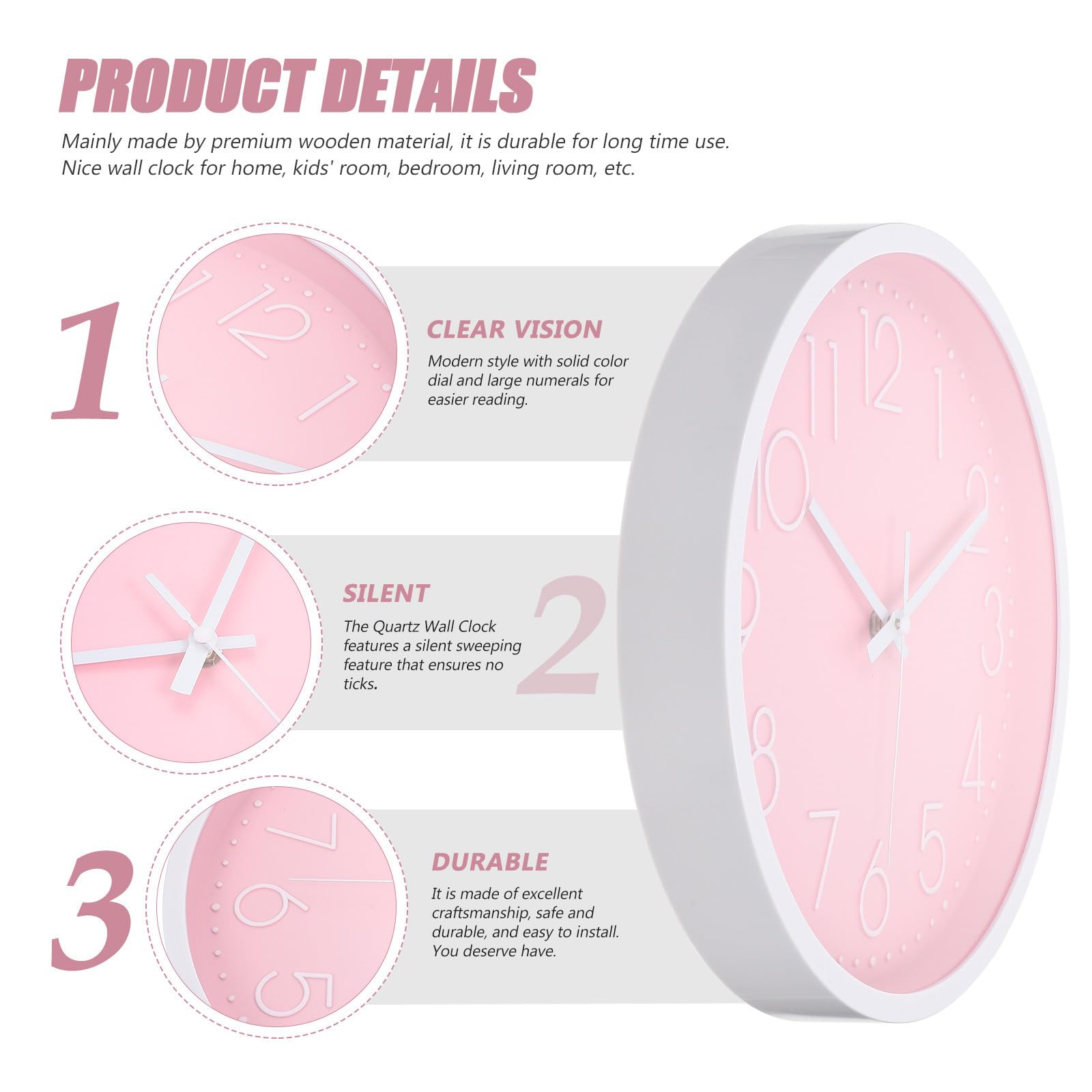 SOLUSTRE Reloj de Pared Silencioso Infantil Rosa, Decoración Moderna