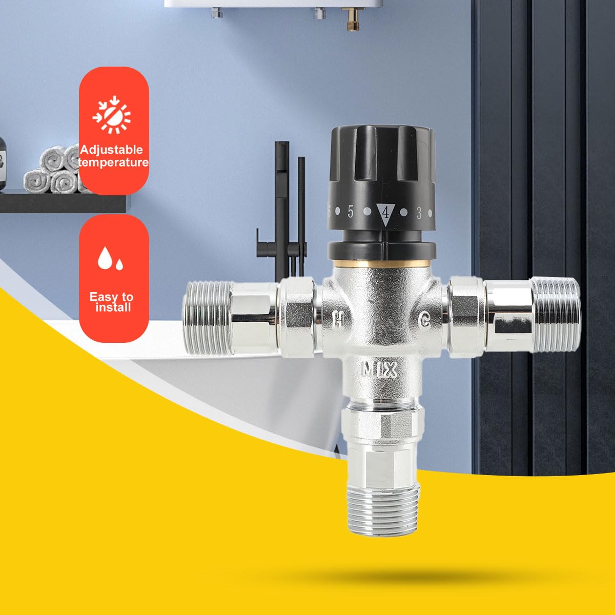15-65℃ Thermomischer Brauchwassermischer Mischventil, 3/4 Zoll Einstellbar Thermomischer incl. 3x Verschraubung für Ingenieurprojekte