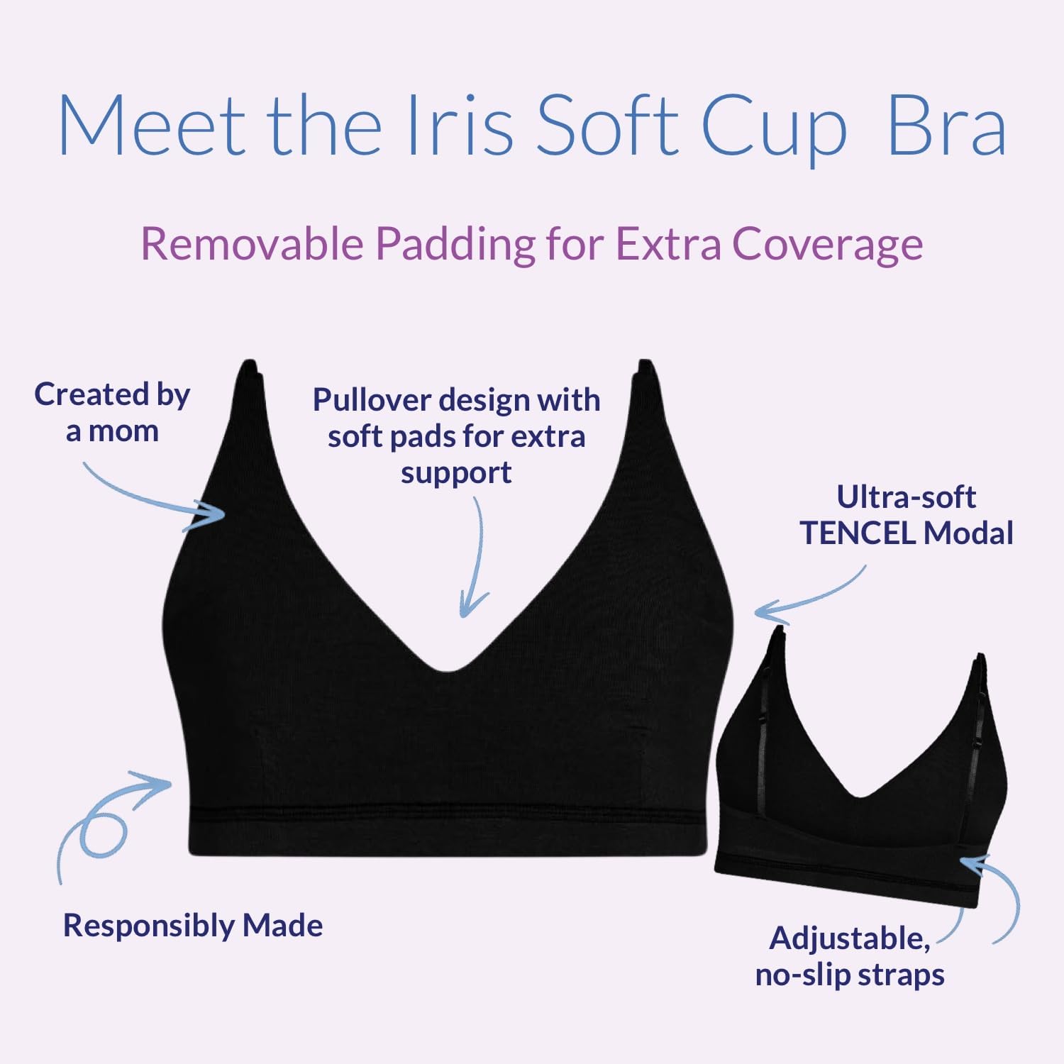 Bleuet Iris Soft Cup Bra – Wireless First Bra for Teens & Tweens | Removeable Pads, Adjustable Straps, V-Neck Pullover - Image 2