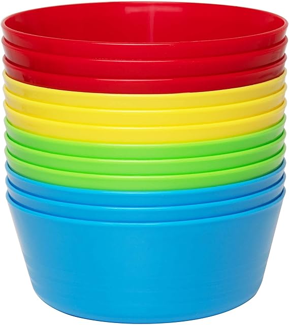 Kryllic Kids Bowls Plastic Bowls Set of 12 Plastic Cereal Bowls 10oz in 4 Colors Toddler Kid