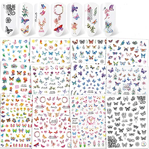 Qpout 800 + Stk. Schmetterling Nagelaufkleber, 3D Selbstklebende Nagelabziehbilder Gemischte Schmetterlinge…