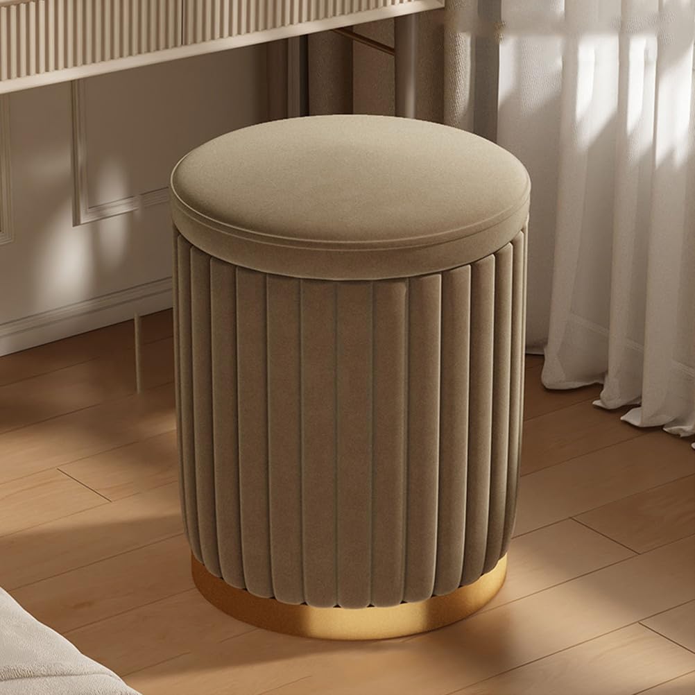 Mevzhh Brown Red Round Vanity Chair Storage Flannelette Upholstered Stool Makeup Vanities Dinibedroom Stylish Metal Base/Brown/34 * 45 Cm