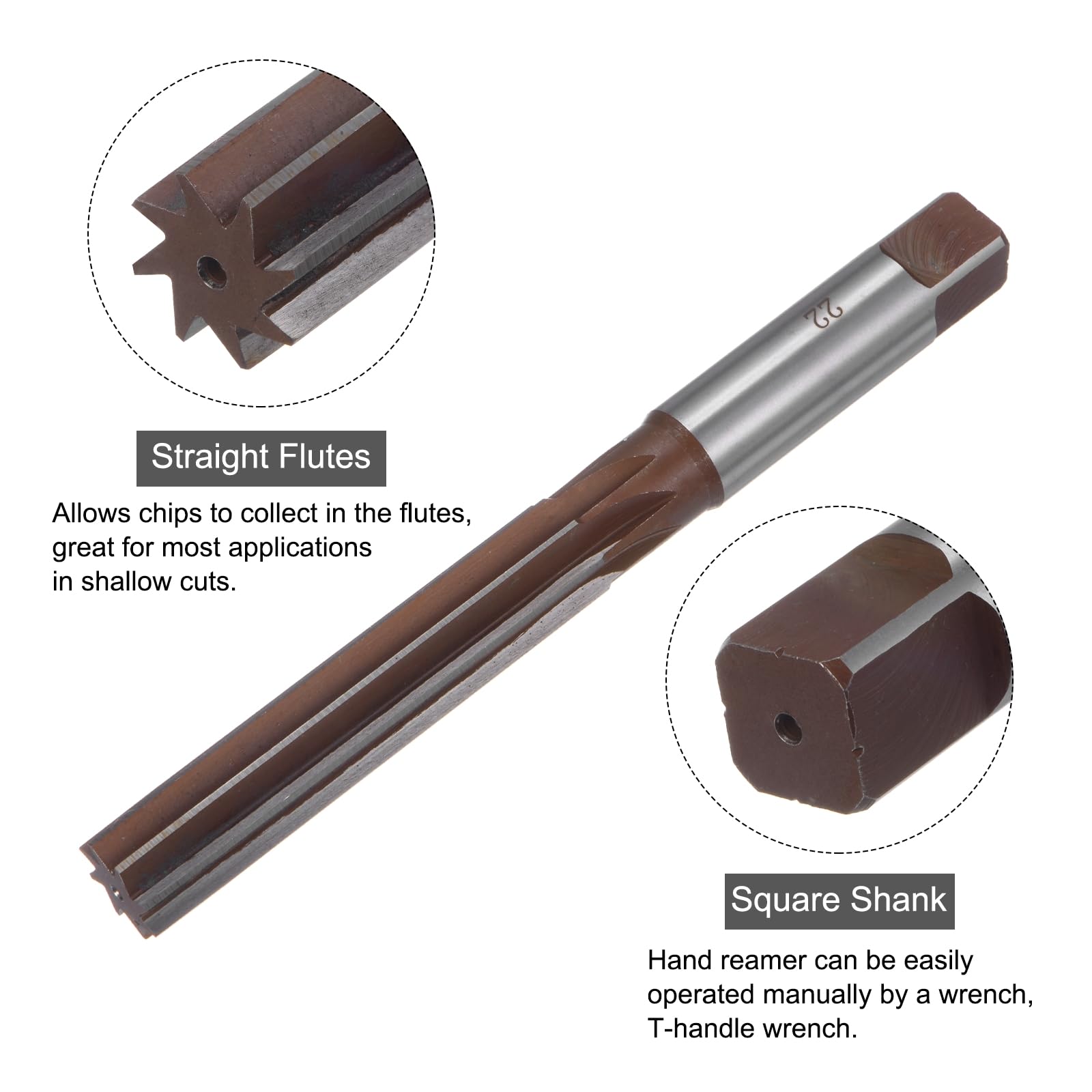 uxcell Alesatore a mano 22 mm H7 metrico Alesatore Punta da trapano per metallo legno alesatura, flauti dritti 9SiCr in acciaio legato strumento da taglio