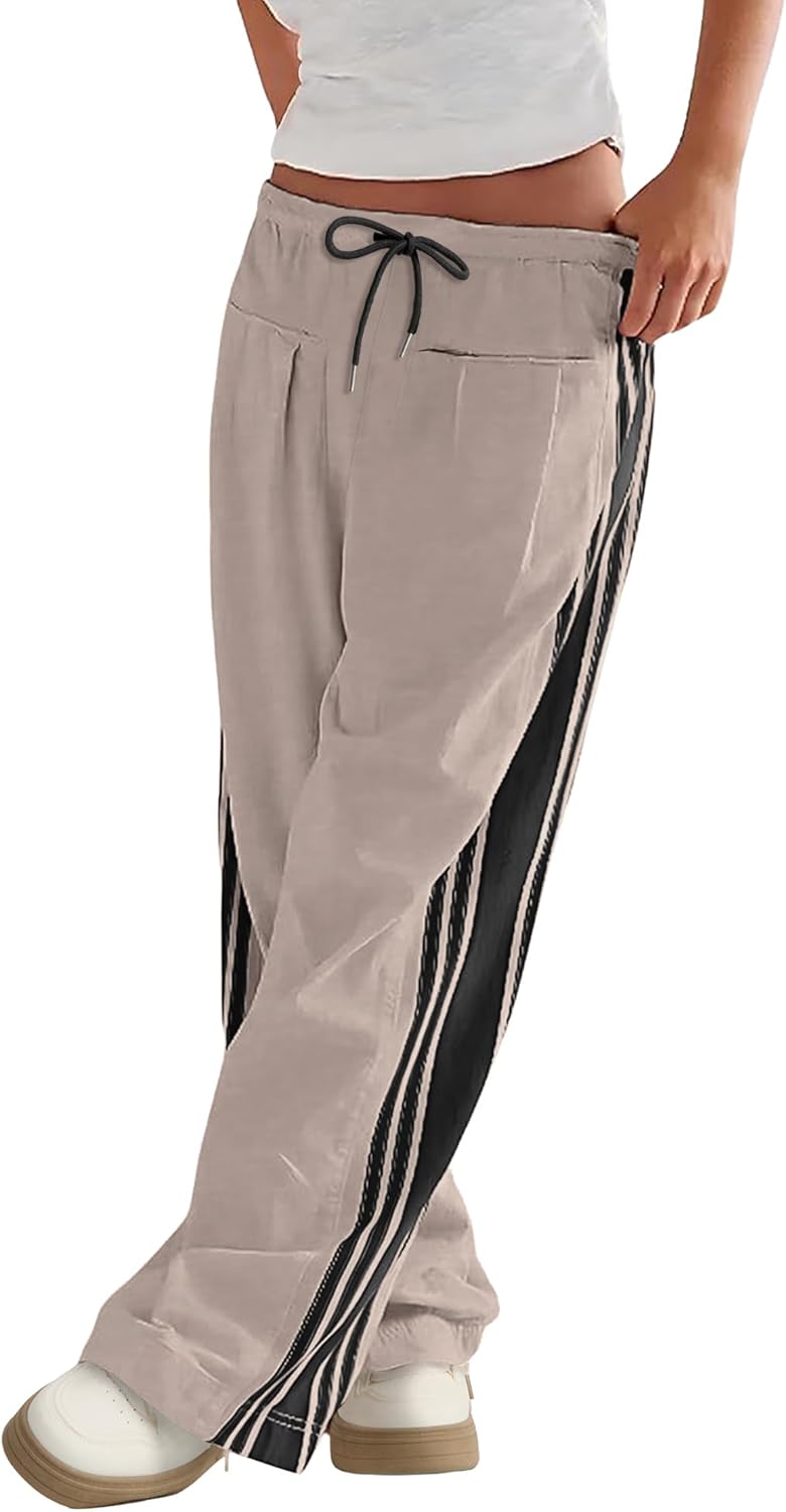 Womens Wide Leg Track Pants Side Striped Casual Drawstring Baggy Palazzo Pant with Pockets