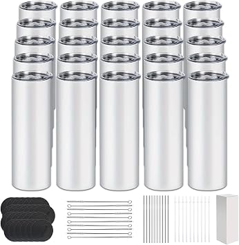 25 Pack sublimation Blanks Tumblers with Lids and Straws Bulk, 20oz Sublimation Tumbler Skinny Straight, Stainless Steel Double Wall Polymer Coating for Heat Transfer Customized Gifts