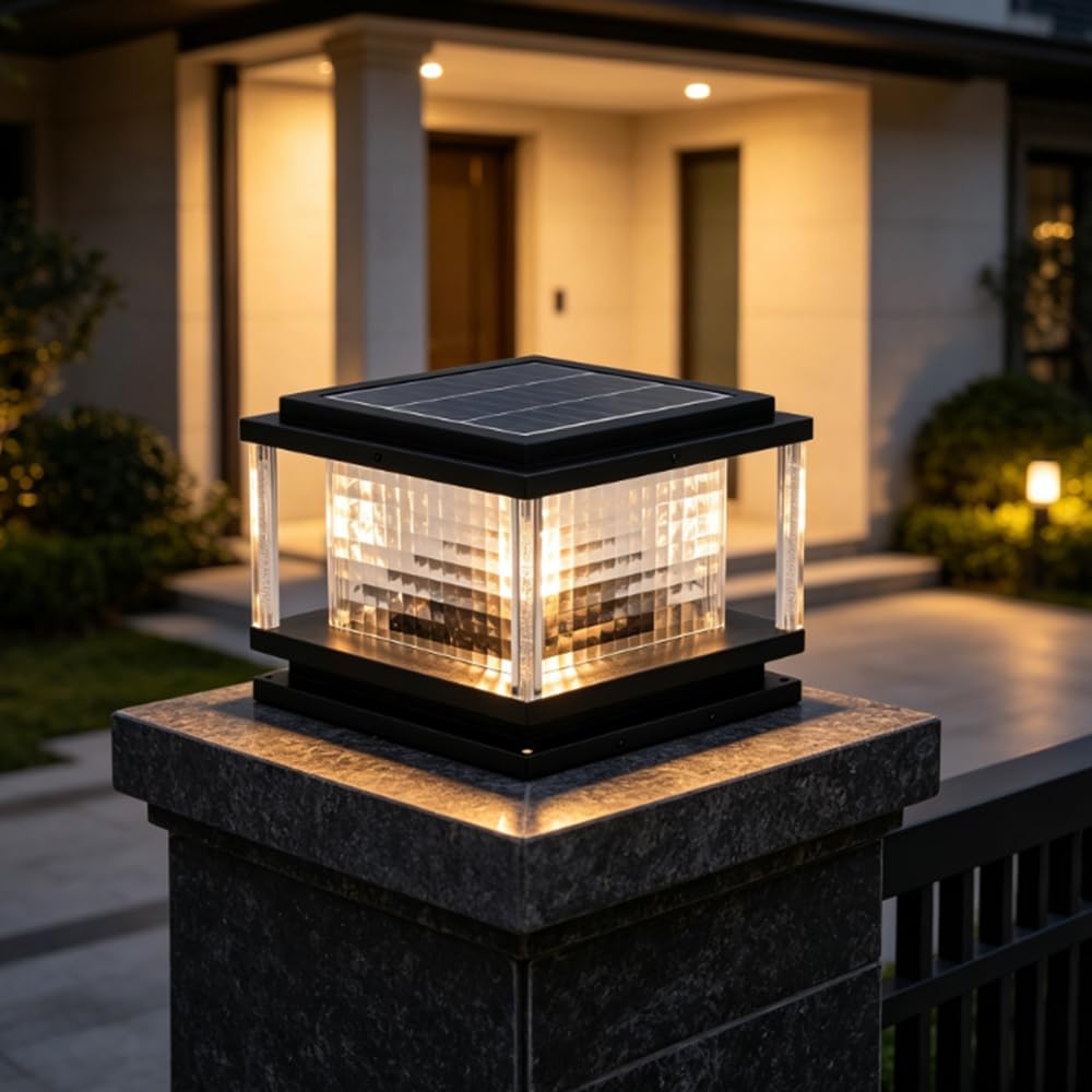 Nowoczesna czarna kwadratowa lampa solarna na zewnątrz, ogród