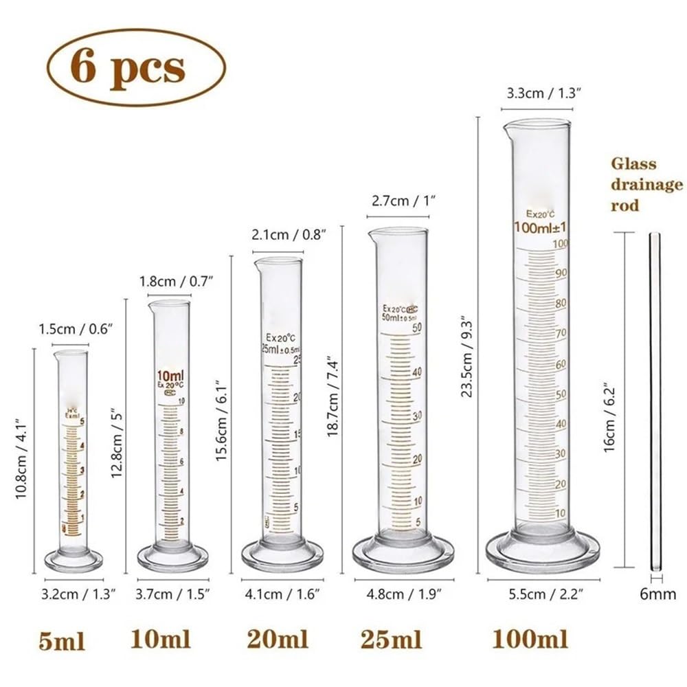 Confezione da 5 cilindri graduati in vetro da 5 ml, 10 ml, 25 ml, 50 ml e 100 ml, set di cilindri da laboratorio con 1 asta