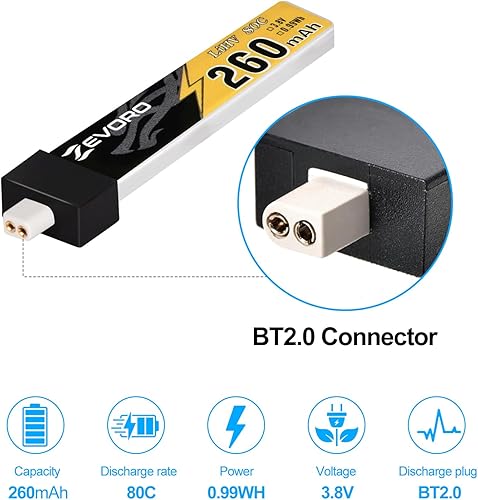 Miniatura 2 de 6pcs 260mAh 1S Lipo Batería 3.8V 80C LiHV Batería con BT2.0 Conector para FPV Tiny Whoop Drone Quadcopter