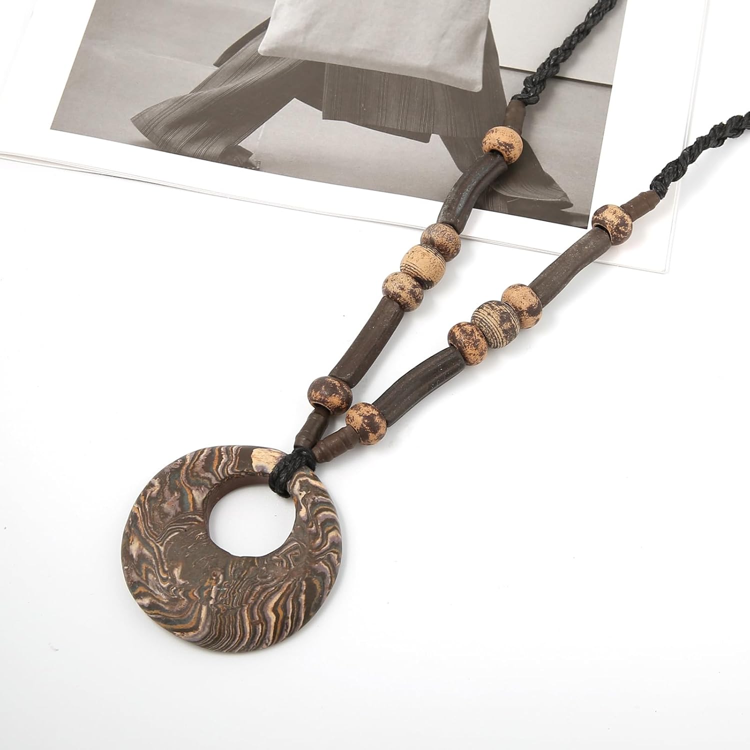 STWTR Bohemian Beaded Necklace Pendant for Women Men Retro Colorful Ceramic Round Pendant Handmade Ethnic Tribe Boho Jewelry Gift - Image 4