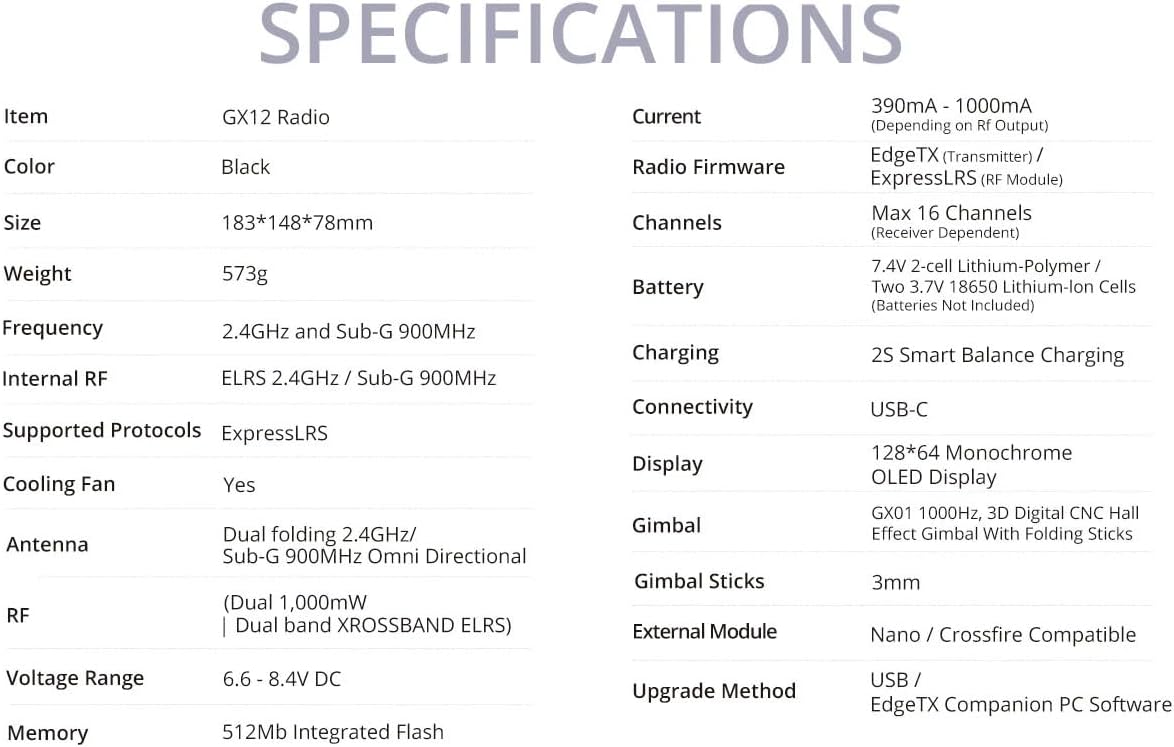 Detailed specifications table for the RadioMaster GX12 radio controller.